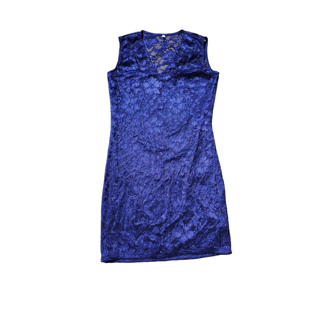 Women's Blue Boho Floral Lace Shift Dress XL V-Neck Twee Coquette Whimsygoth